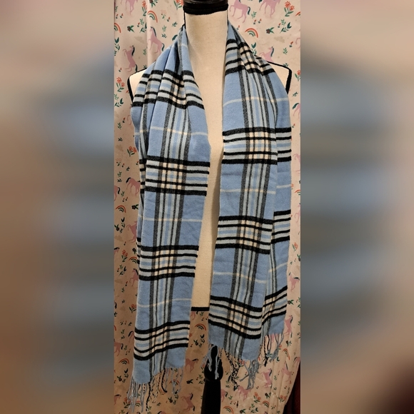 Vintage Baby Blue Plaid Cashmere Casual Neutral Unisex Scarf Wrap w/ Fringe - Picture 2 of 7